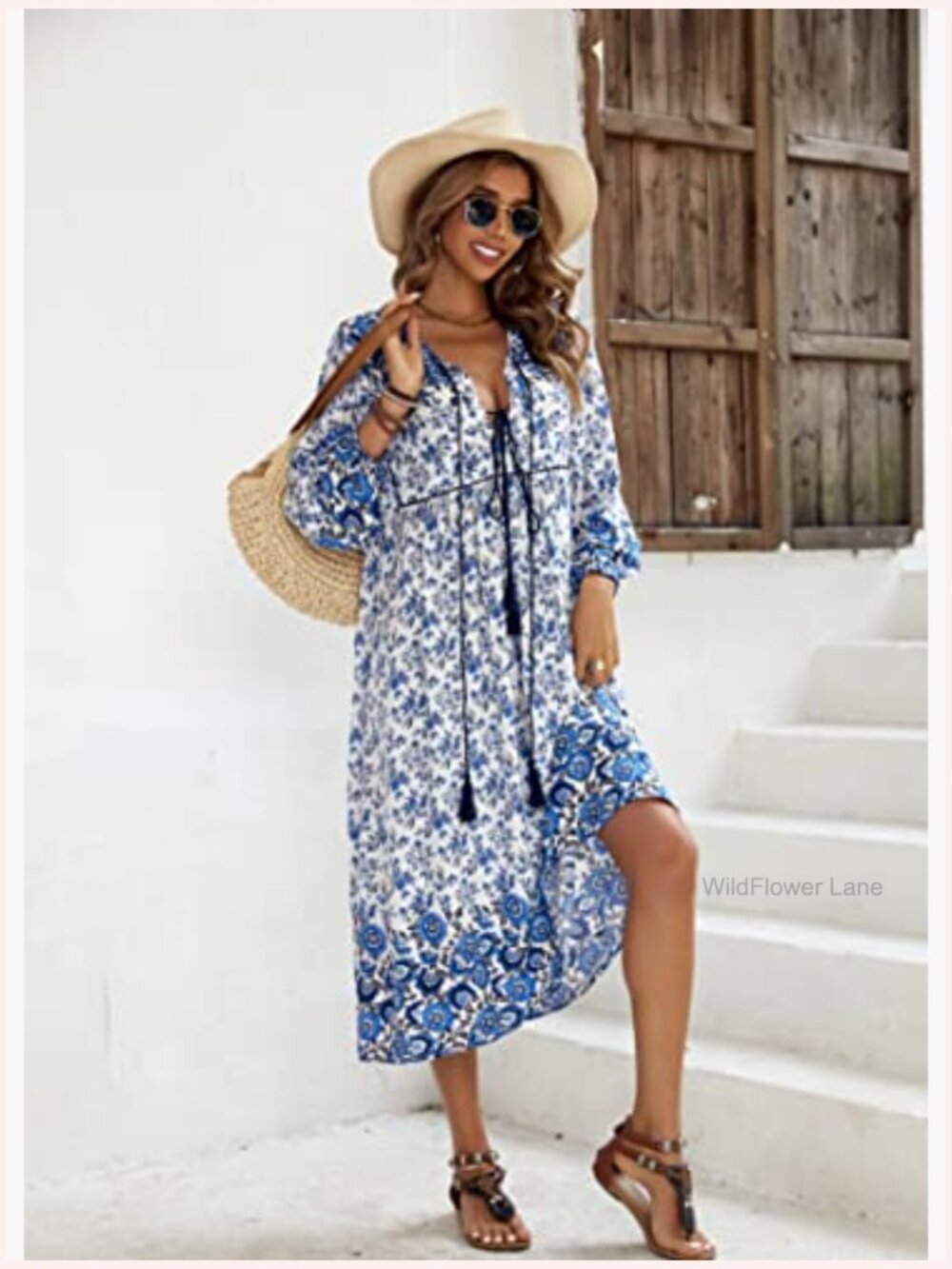 Long Sleeve Floral Print V Neck Tassel Bohemian Midi Dress - Picture 4 of 7
